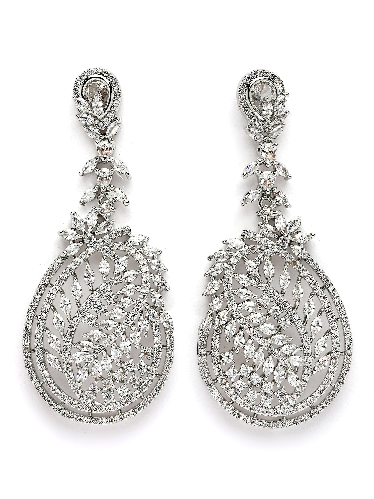 KARATCART Classic Silver-Plated American Diamond Oval Drop Earrings for Women - view 4