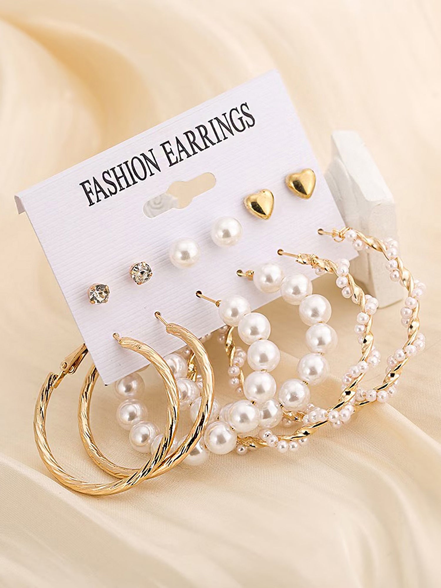 Bohey by KARATCART Gold Plated Combo of 6 Pairs Fashion White Pearl Stud Hoop Earring Set for Women