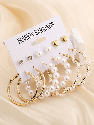 Bohey by KARATCART Gold Plated Combo of 6 Pairs Fashion White Pearl Stud Hoop Earring Set for Women