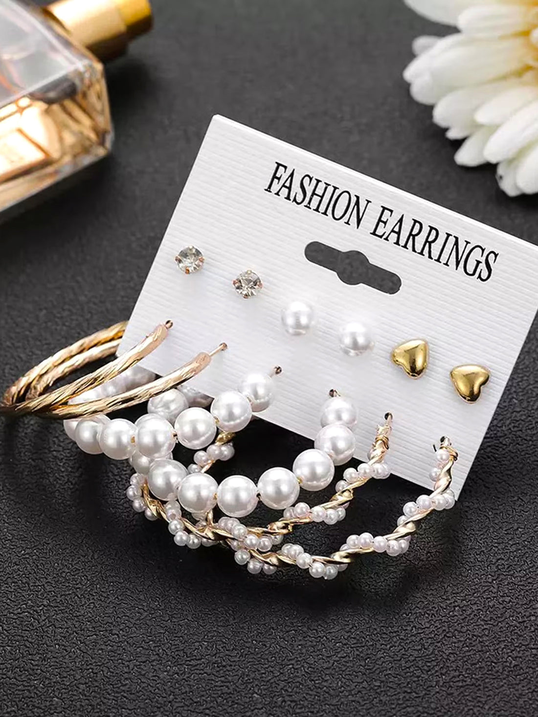 Bohey by KARATCART Gold Plated Combo of 6 Pairs Fashion White Pearl Stud Hoop Earring Set for Women
