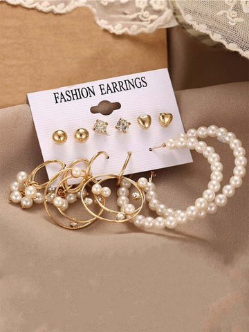 Bohey by KARATCART Fashion White Pearl Gold Plated Combo of 6 Pairs Stud Hoop Earring Set for Women