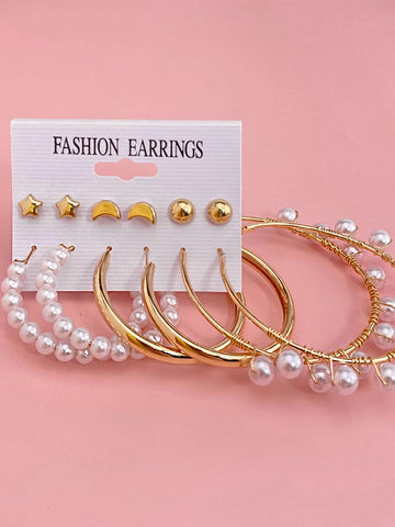 Bohey by KARATCART Combo of 6 Gold Tone Fashion Pearl Hoop Stud Earrings for Women & Girls