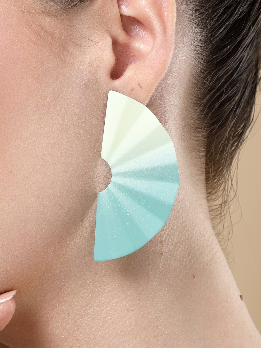 Bohey by KARATCART Gradient Green & Yellow Fan Shape Stud Earrings