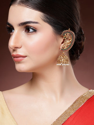 Karatcart Gold Plated Red and Green Peacock Shape Kanauti Kaanchain Jhumki Earrings for Women