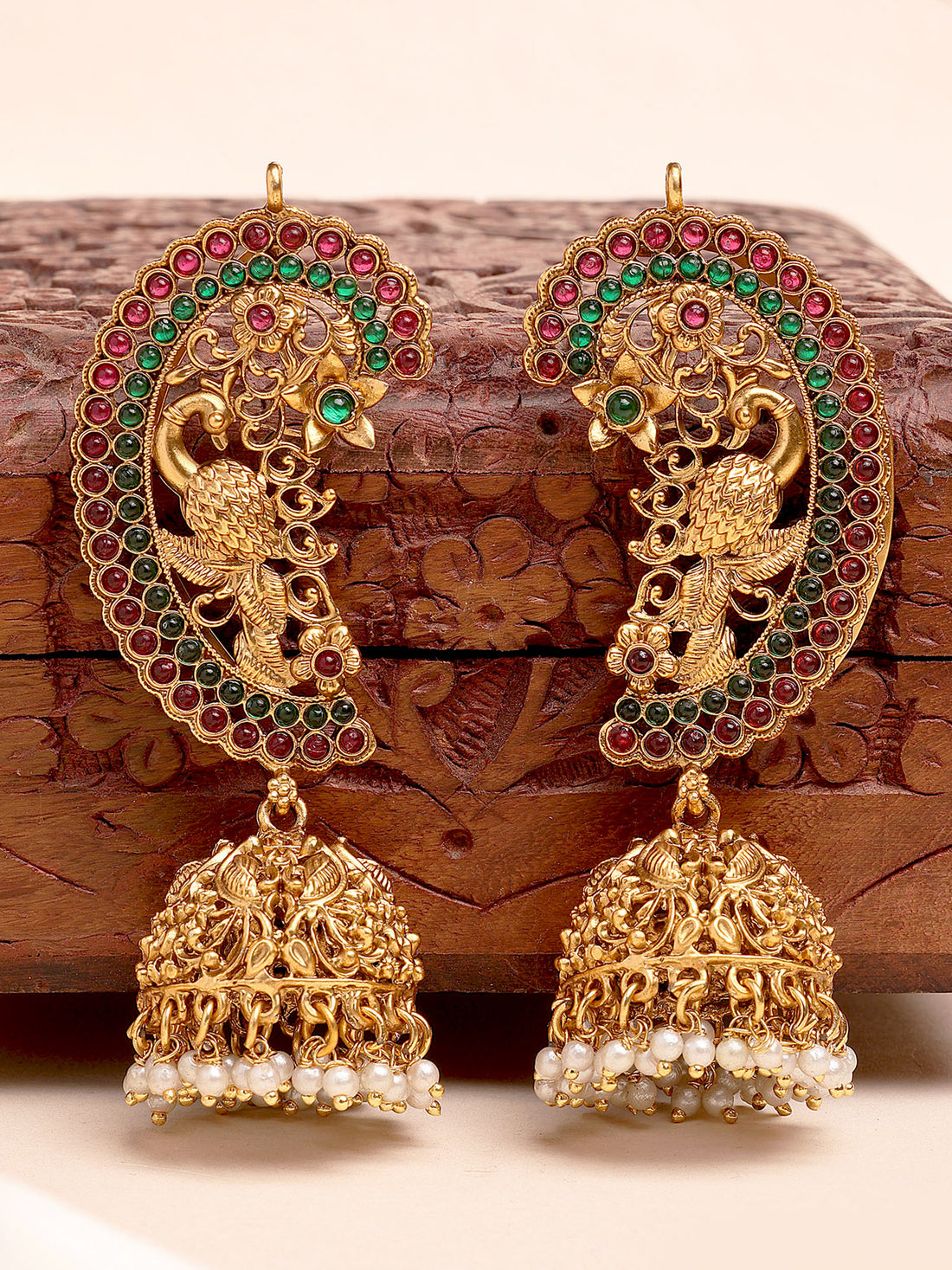 Karatcart Gold Plated Red and Green Peacock Shape Kanauti Kaanchain Jhumki Earrings for Women
