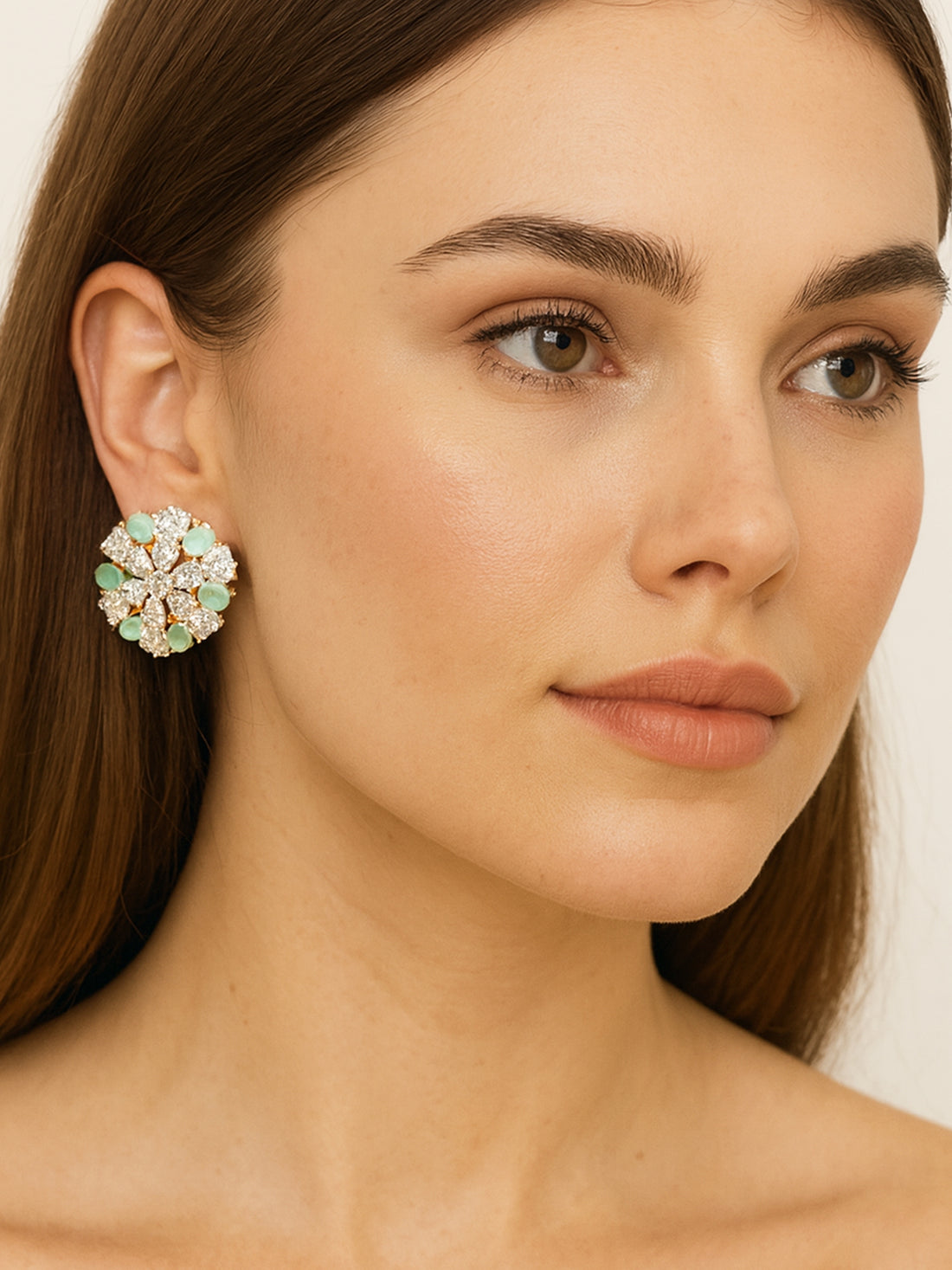 Bohey by KARATCART Mint Green Floral American Diamond Gold-Plated Stud Earrings for Women