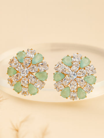 Bohey by KARATCART Mint Green Floral American Diamond Gold-Plated Stud Earrings for Women