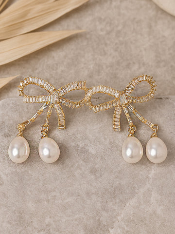 Bohey by KARATCART Elegant American Diamond Bow and Pearl Dangle Earrings