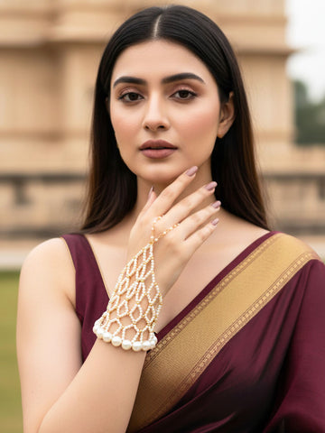 KARATCART Traditional Gold Tone Pearl Net Design Hathphool for Women