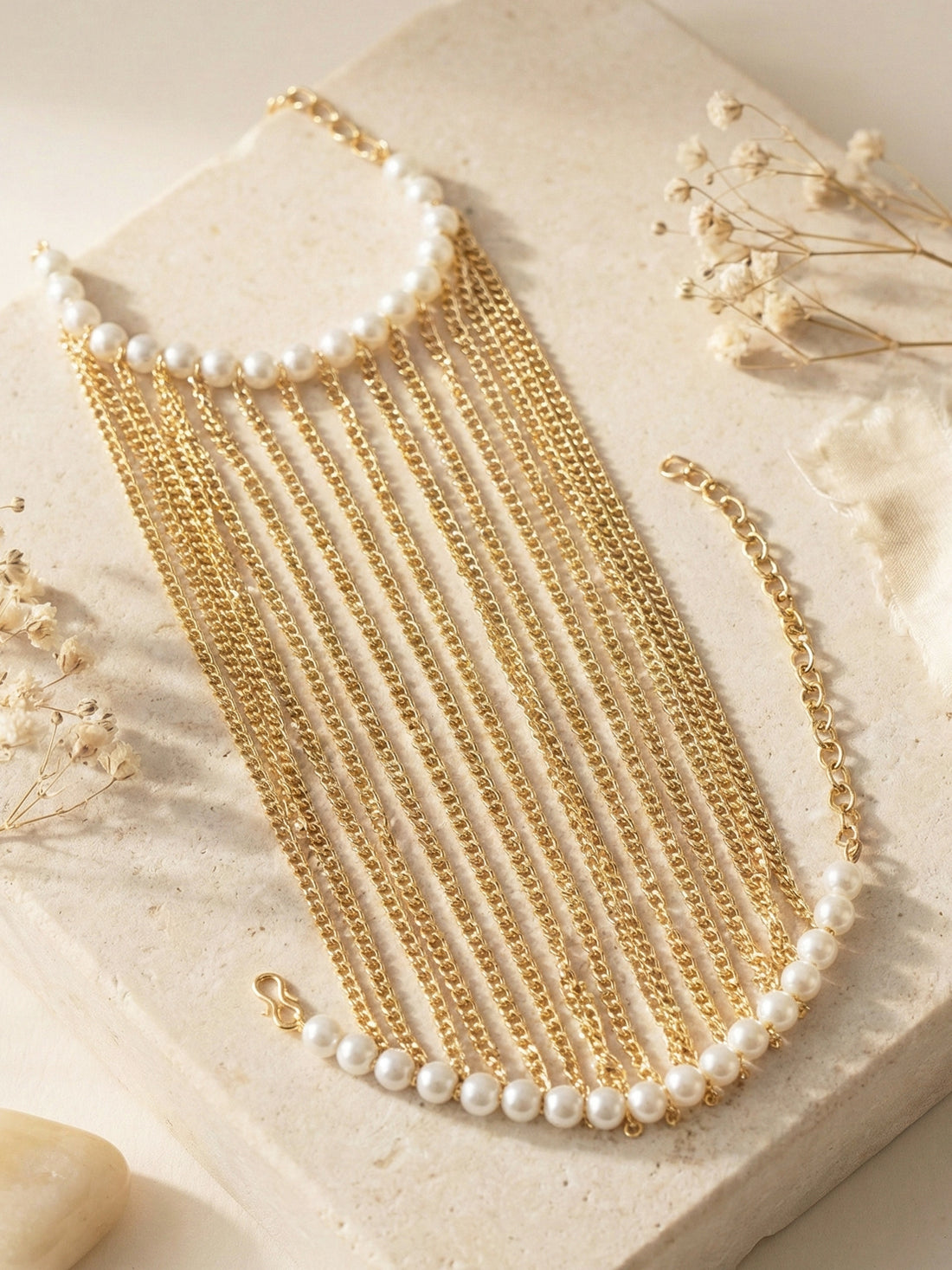 KARATCART Designer Pearl and Multi Layer Gold Chain Bracelet for Women