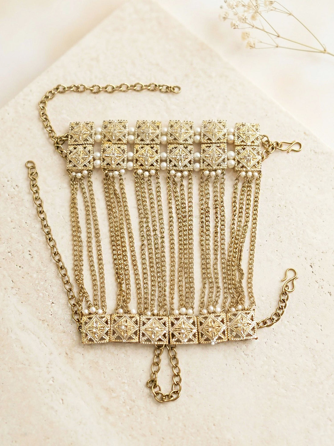 KARATCART Traditional Gold Plated Multi Strand Chain Design Kundan Hathphool for Women