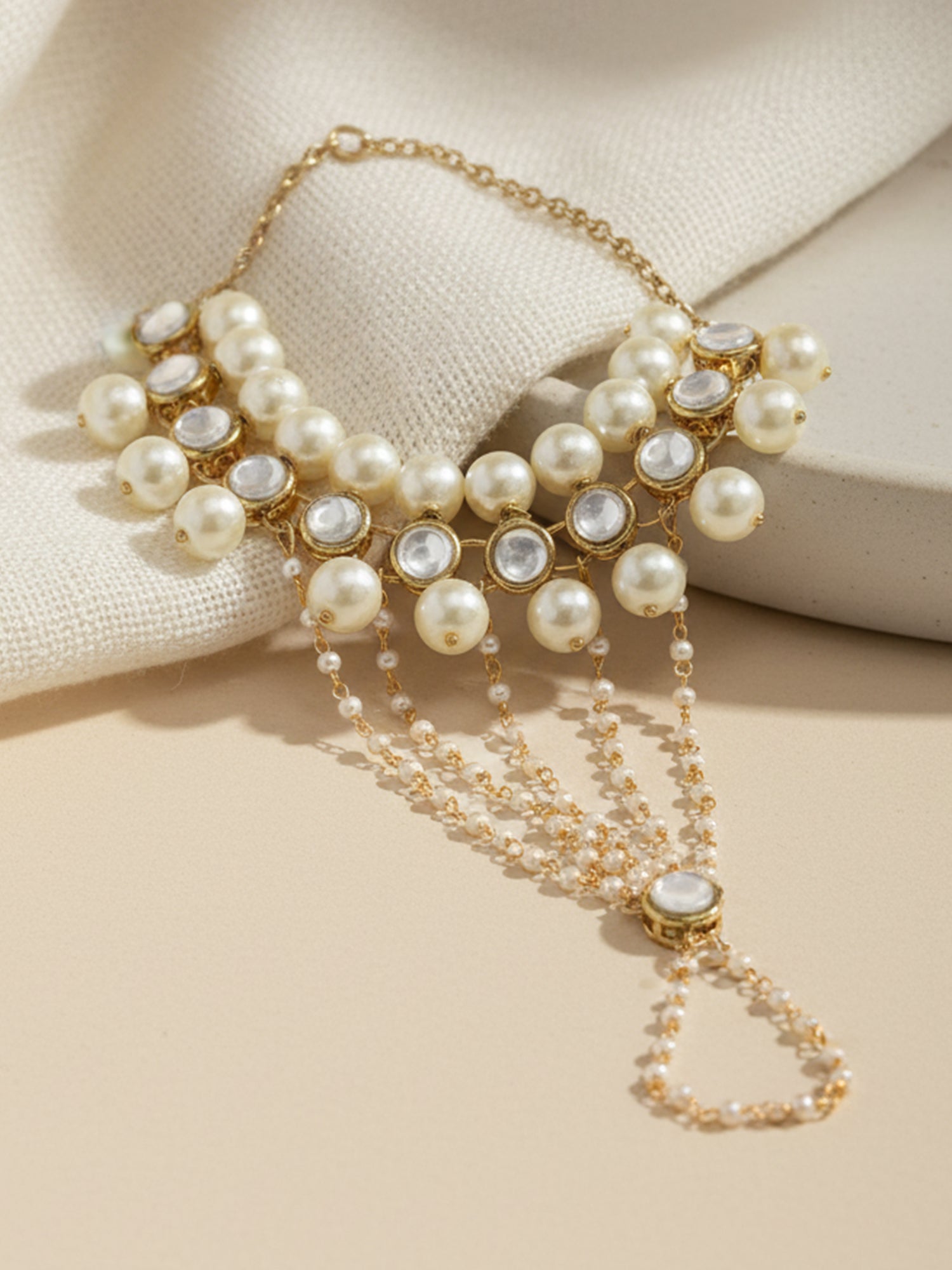 Gold-Plated Kundan Pearl Chain Hathphool