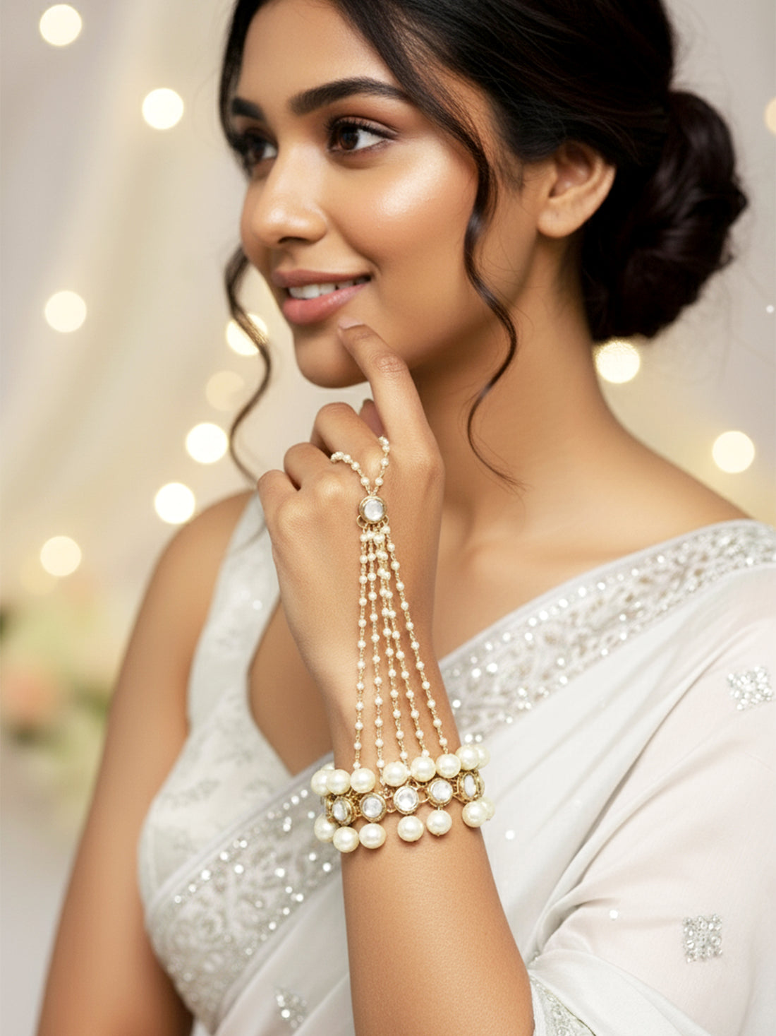 Gold-Plated Kundan Pearl Chain Hathphool