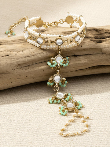 Karatcart Gold Plated Light Green Pearl Beaded Kundan Hathphool