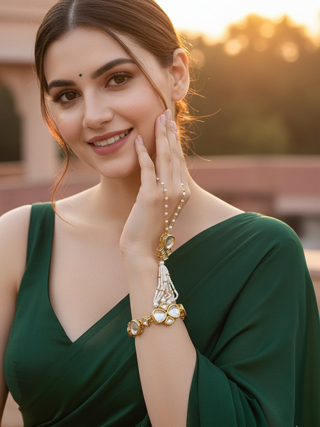 Karatcart Gold Plated Polki Kundan and White Moti Hathphool for Women