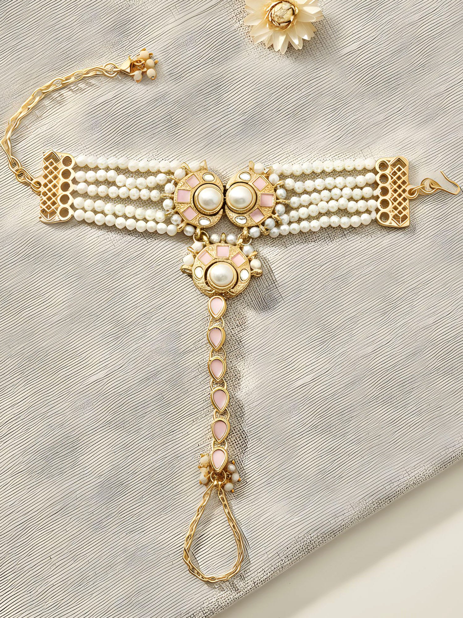 Karatcart Gold Plated Pink Kundan and Pearl Hathphool for Women