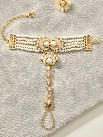 Karatcart Gold Plated Pink Kundan and Pearl Hathphool for Women