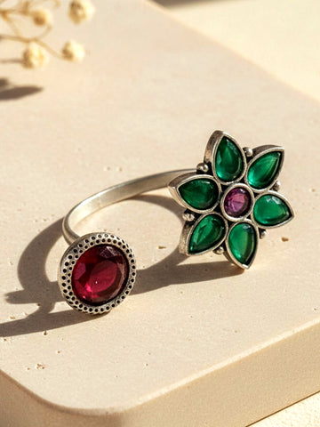 KARATCART Oxidised Silver Floral Design Red and Green Stone Adjustable Cocktail Ring for Women