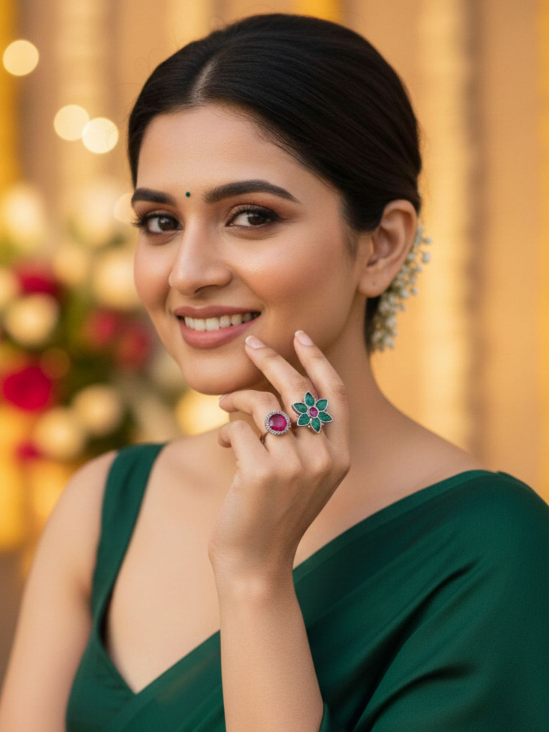 KARATCART Oxidised Silver Floral Design Red and Green Stone Adjustable Cocktail Ring for Women