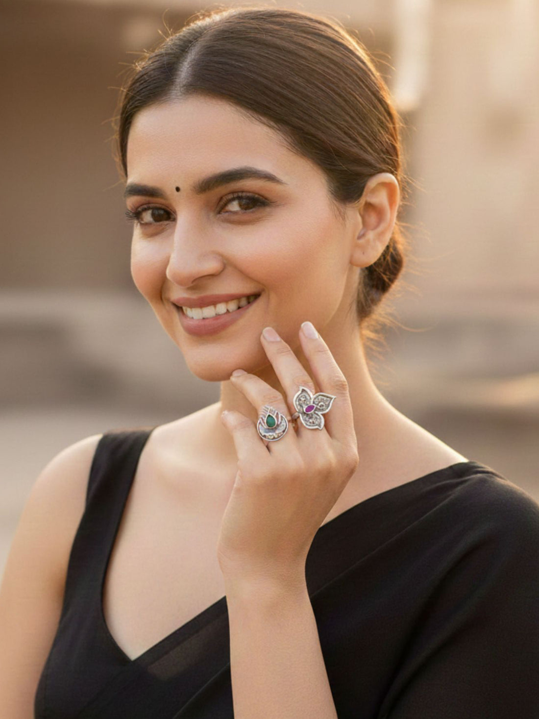 KARATCART Oxidised Silver Floral Design Pink and Green Stone Adjustable Cocktail Ring for Women