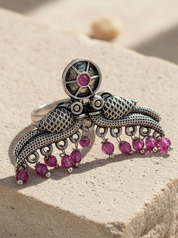 KARATCART Designer Peacock Shape Pink Crystal Studded Oxidised Silver Cocktail Ring for Women