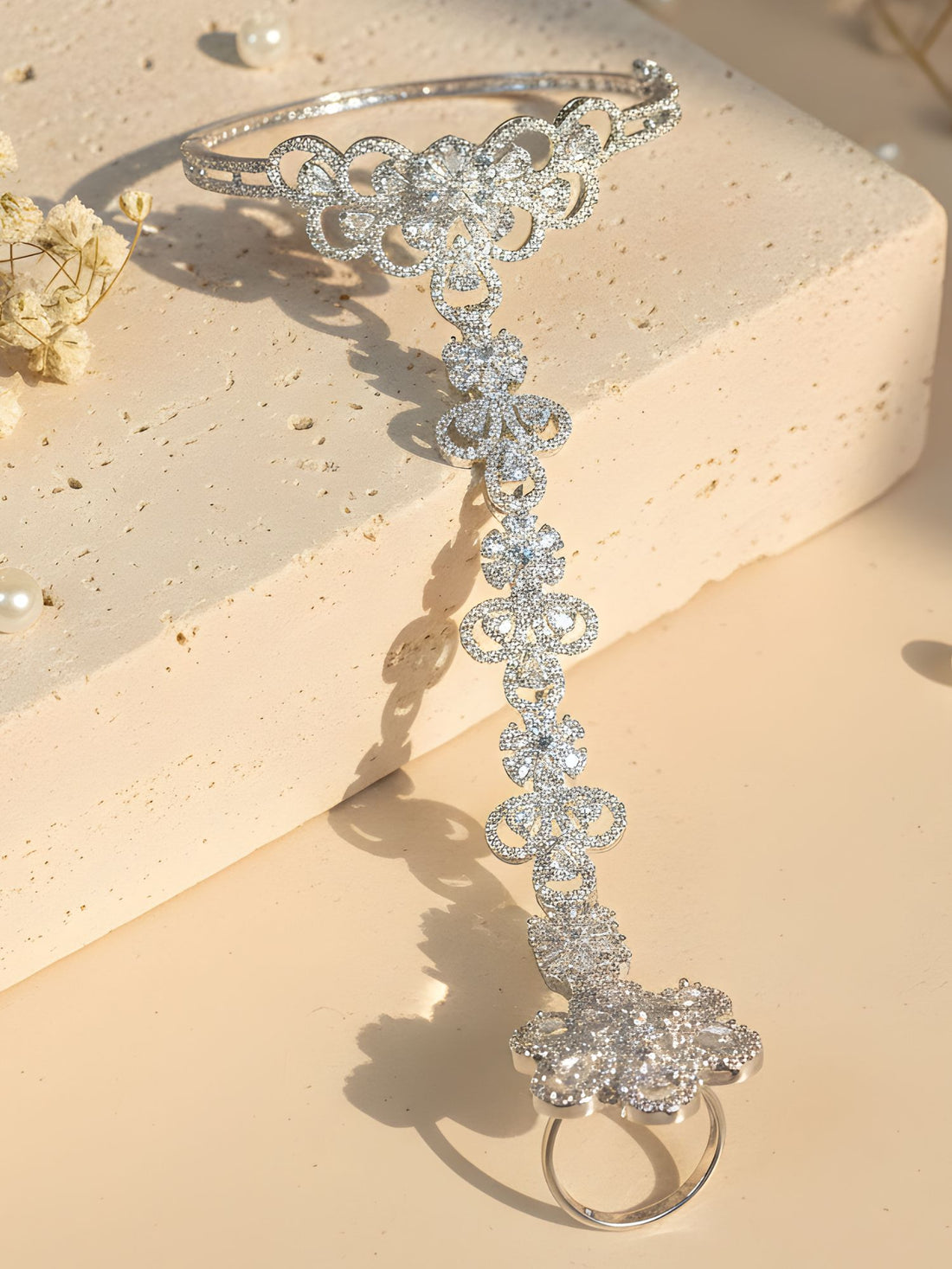 KARATCART Designer Silver Plated Floral American Diamond Studded Hathphool for Women