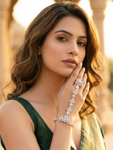 KARATCART Designer Silver Plated Floral American Diamond Studded Hathphool for Women