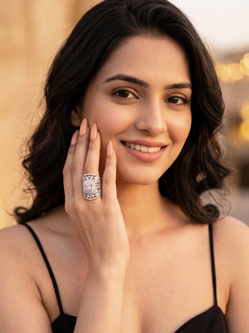 KARATCART Trendy Silver Plated American Diamond Layered Floral Cocktail Ring for Women