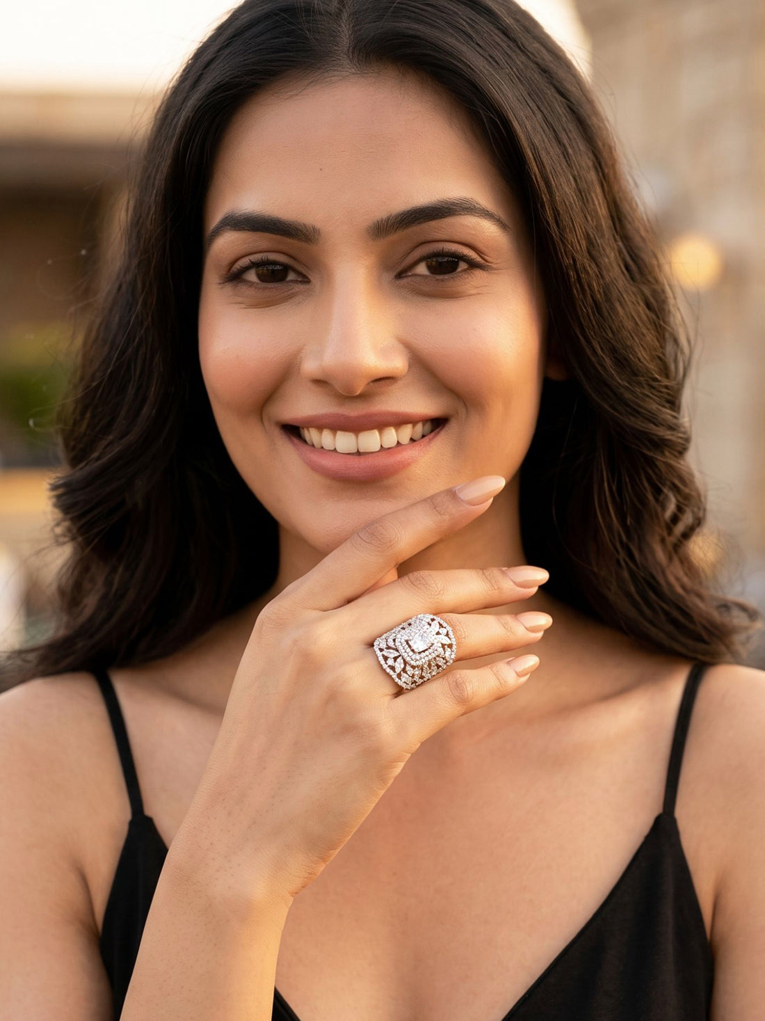 KARATCART Trendy Silver Plated American Diamond Layered Floral Cocktail Ring for Women