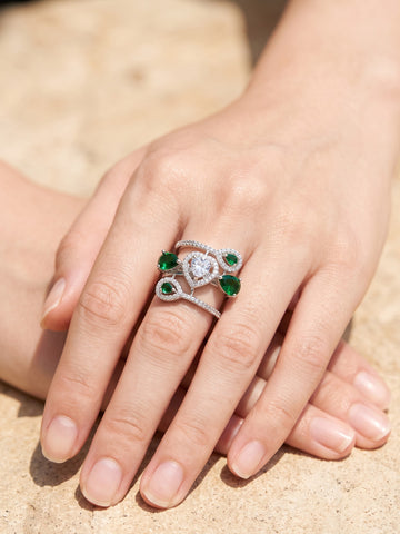KARATCART Stylish Green American Diamond Silver-Plated Heart Shaped Fashion Ring for Women