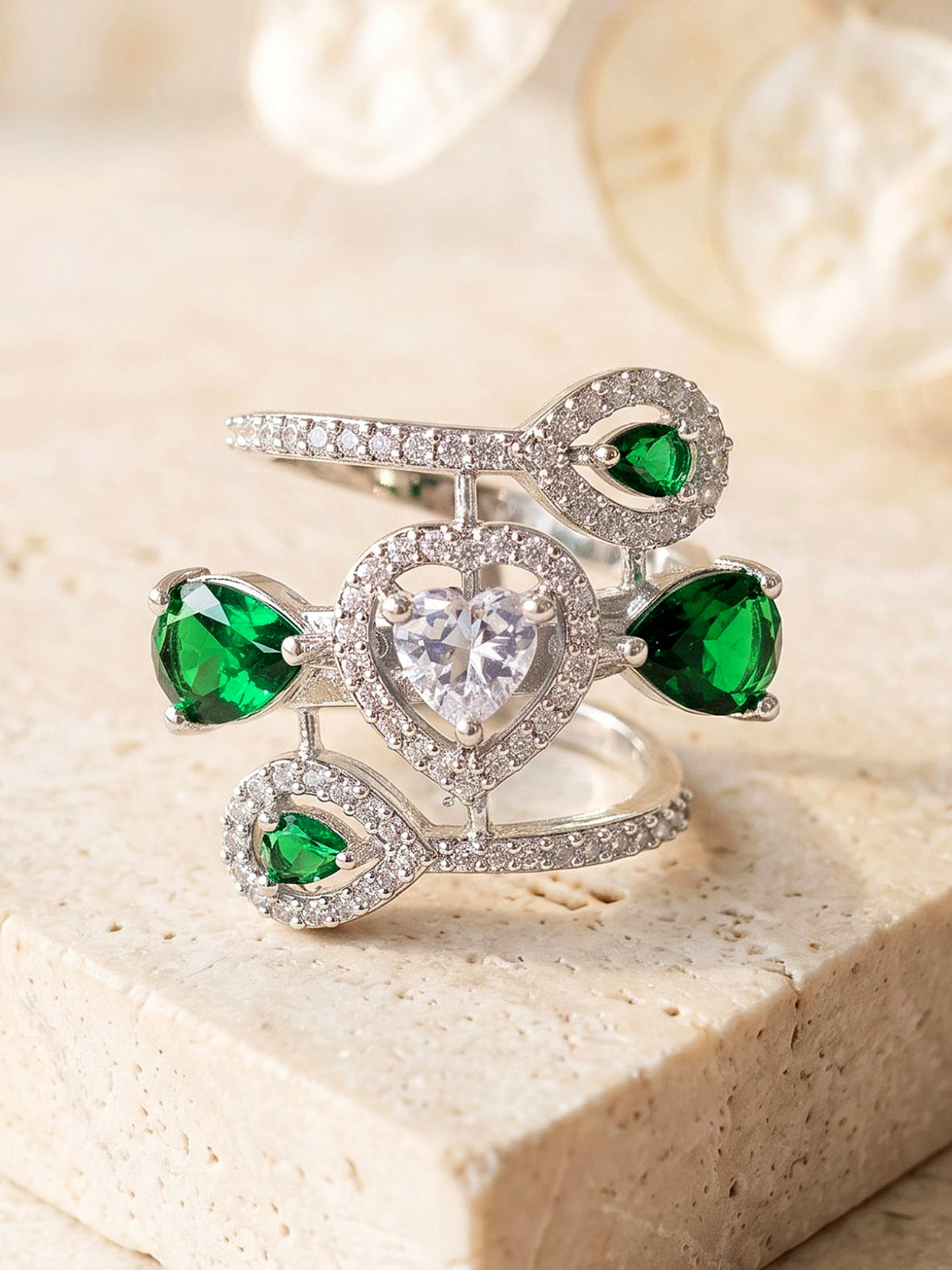 KARATCART Stylish Green American Diamond Silver-Plated Heart Shaped Fashion Ring for Women