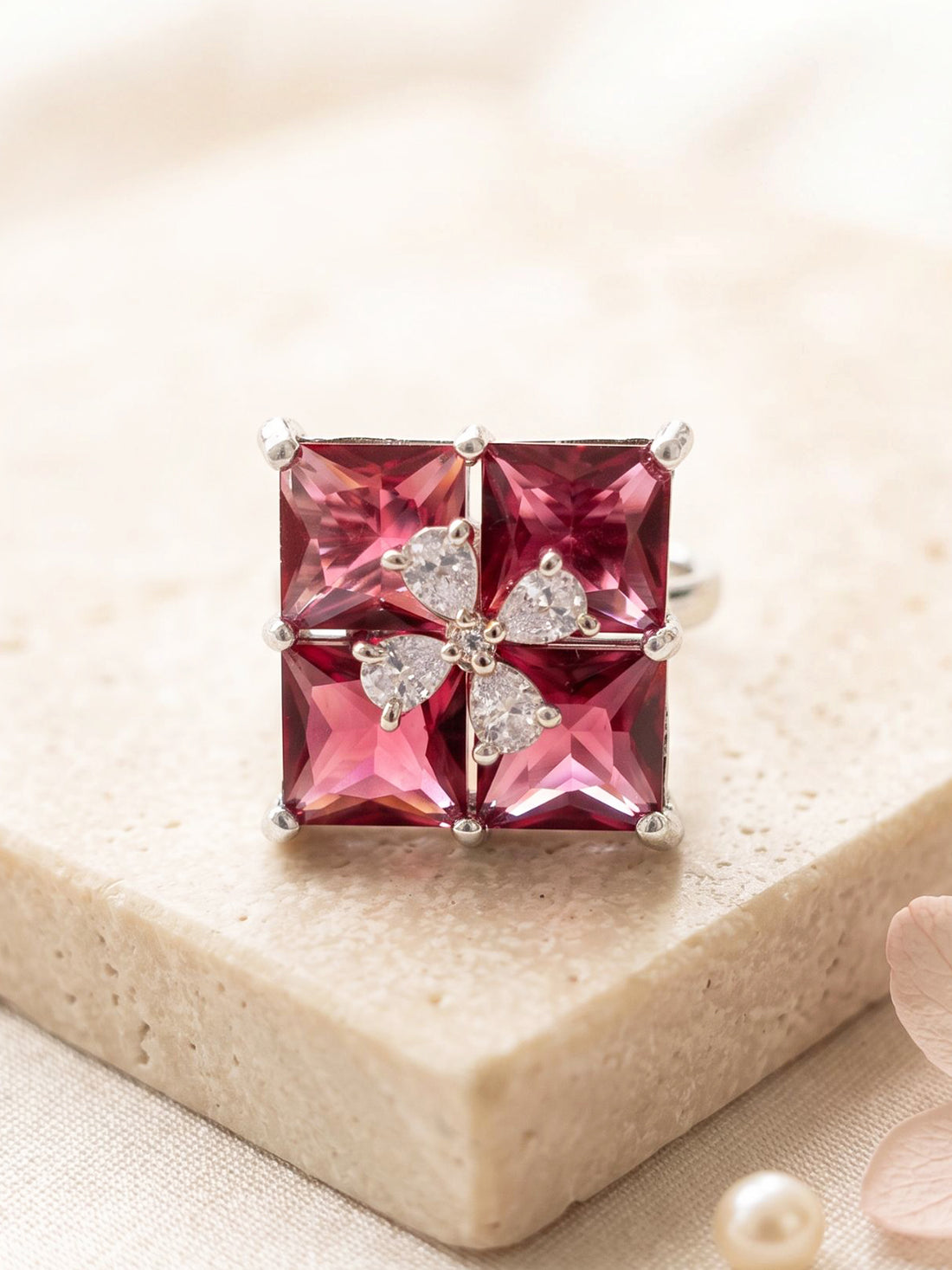 KARATCART Stylish Red American Diamond Silver-Plated Square Floral Ring for Women