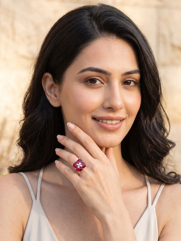 KARATCART Stylish Red American Diamond Silver-Plated Square Floral Ring for Women