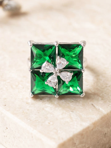 KARATCART Stylish Green American Diamond Silver-Plated Square Floral Ring for Women
