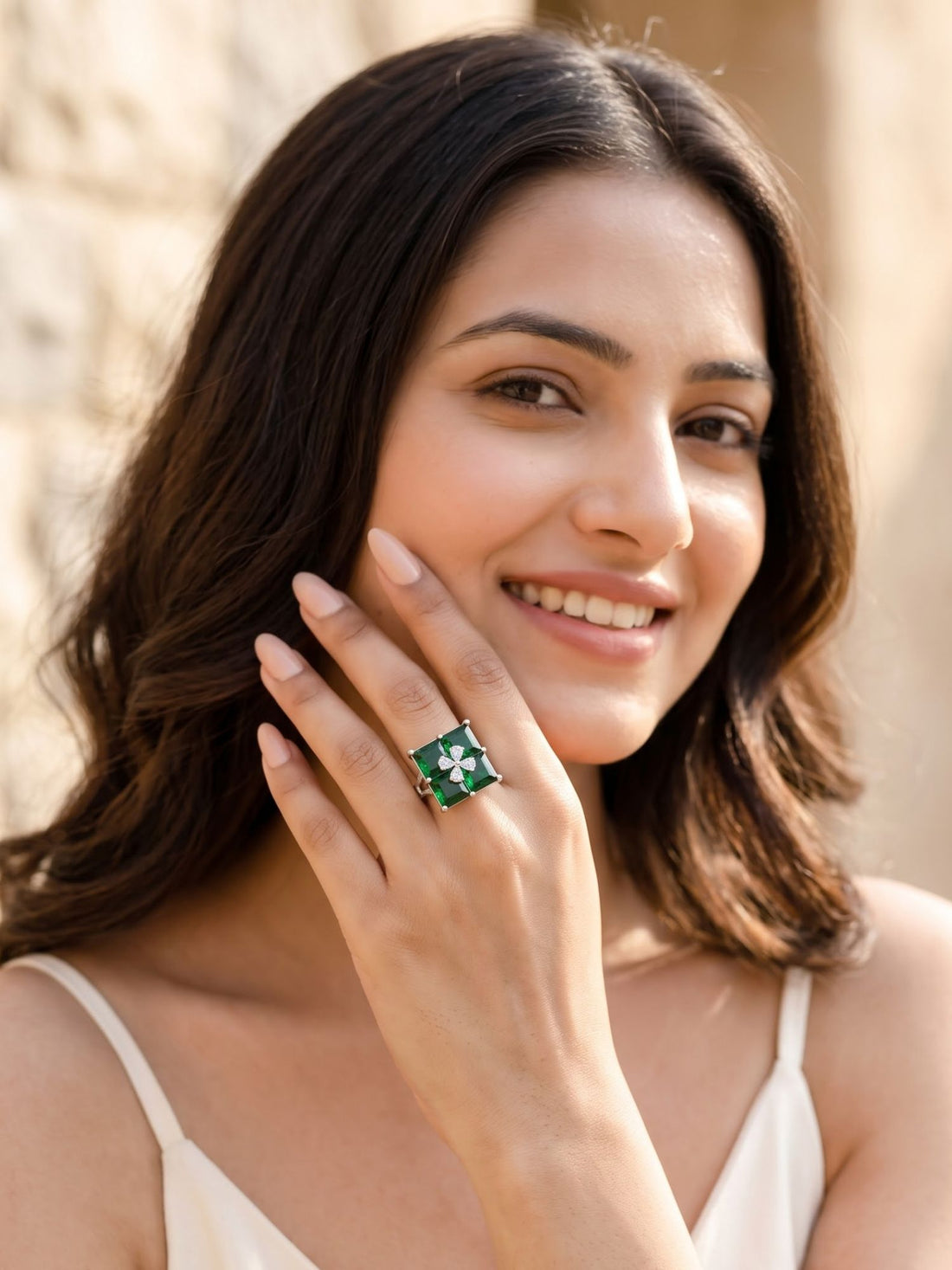 KARATCART Stylish Green American Diamond Silver-Plated Square Floral Ring for Women