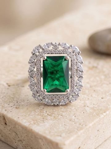 KARATCART Trendy Green American Diamond Silver-Plated Oval Halo Cocktail Ring for Women