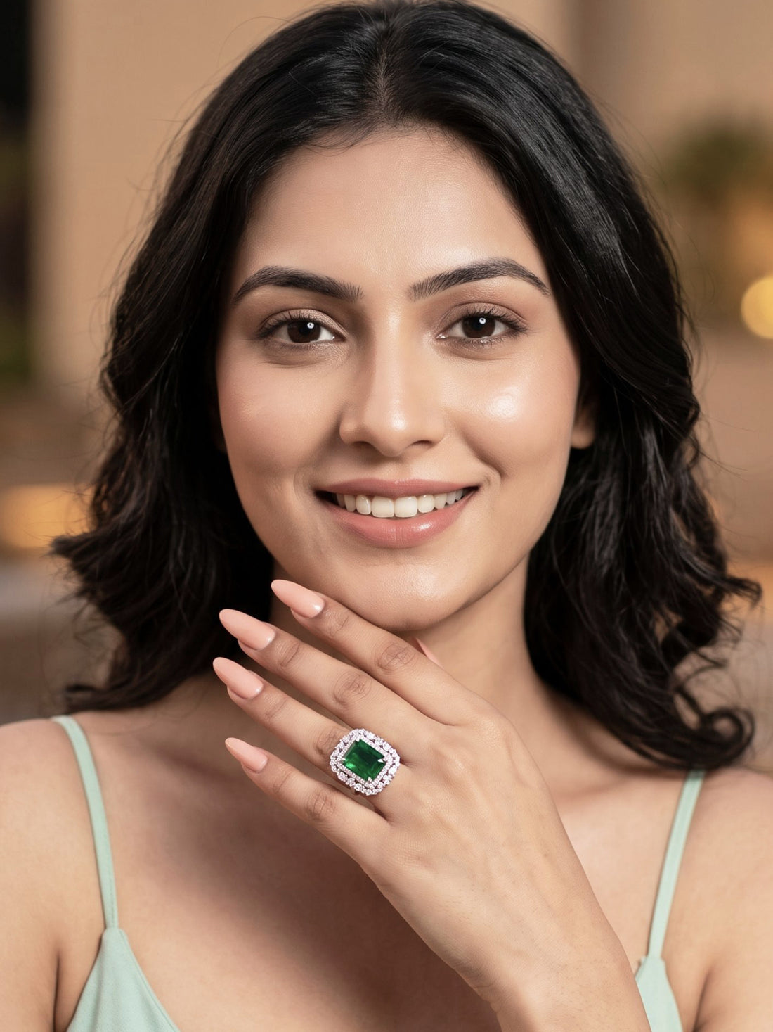 KARATCART Trendy Green American Diamond Silver-Plated Oval Halo Cocktail Ring for Women