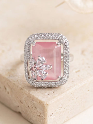 KARATCART Designer Pink American Diamond Silver-Plated Floral Halo Cocktail Ring for Women