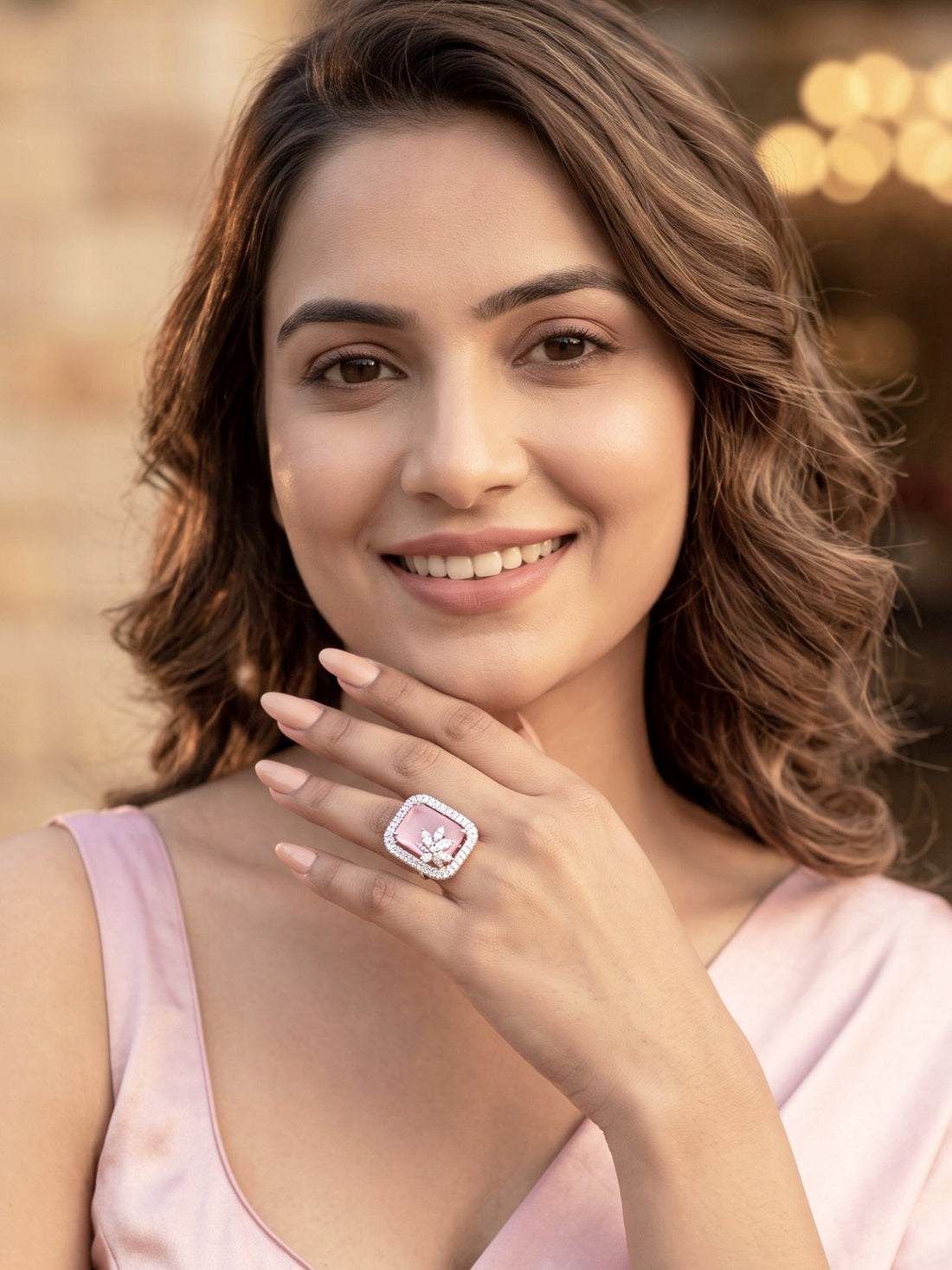 KARATCART Designer Pink American Diamond Silver-Plated Floral Halo Cocktail Ring for Women