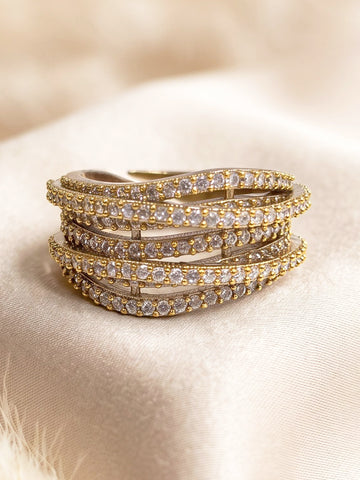 KARATCART Classic Mehendi Gold-Toned American Diamond Multi-Row Statement Ring for Women