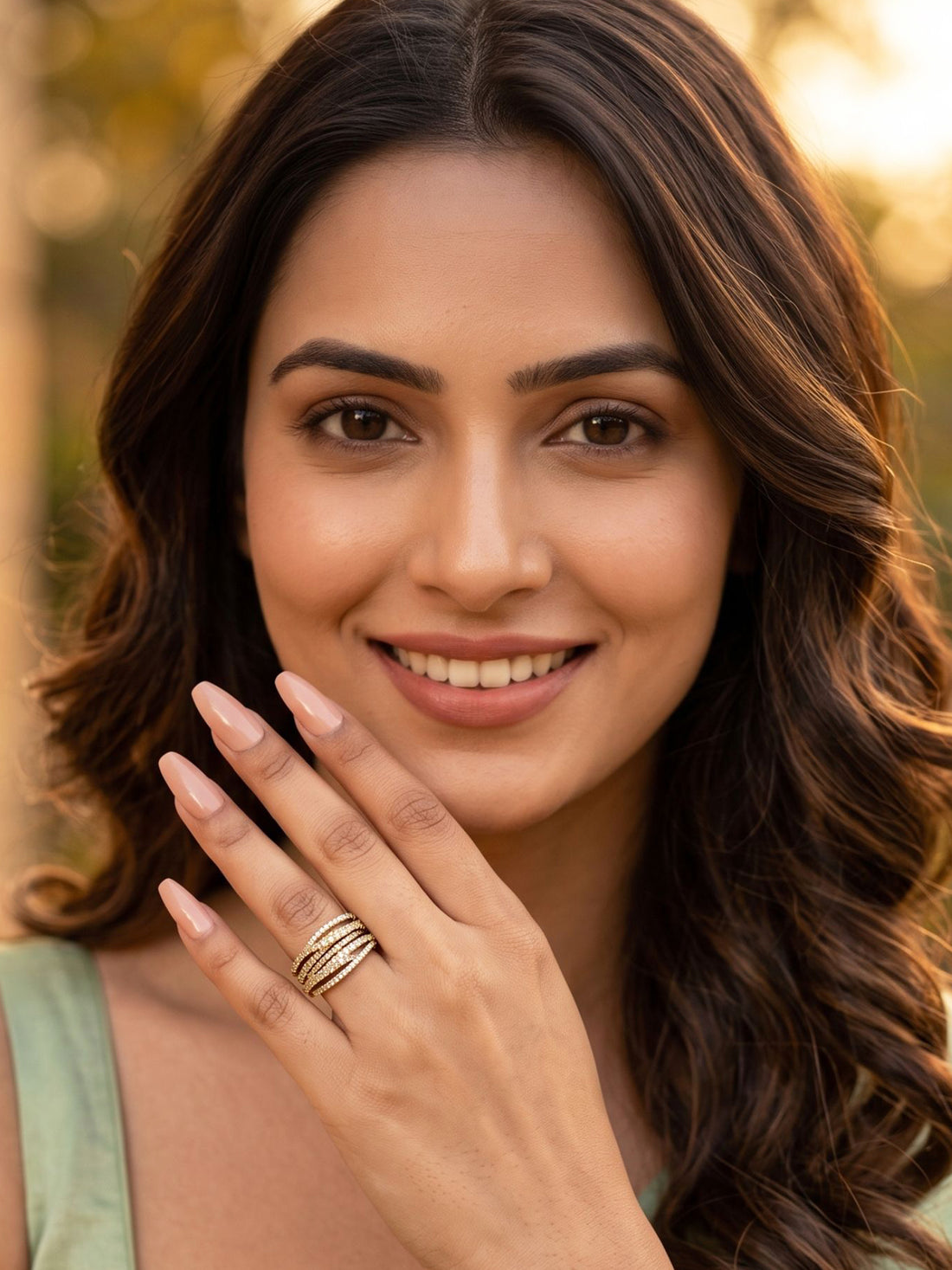 KARATCART Classic Mehendi Gold-Toned American Diamond Multi-Row Statement Ring for Women