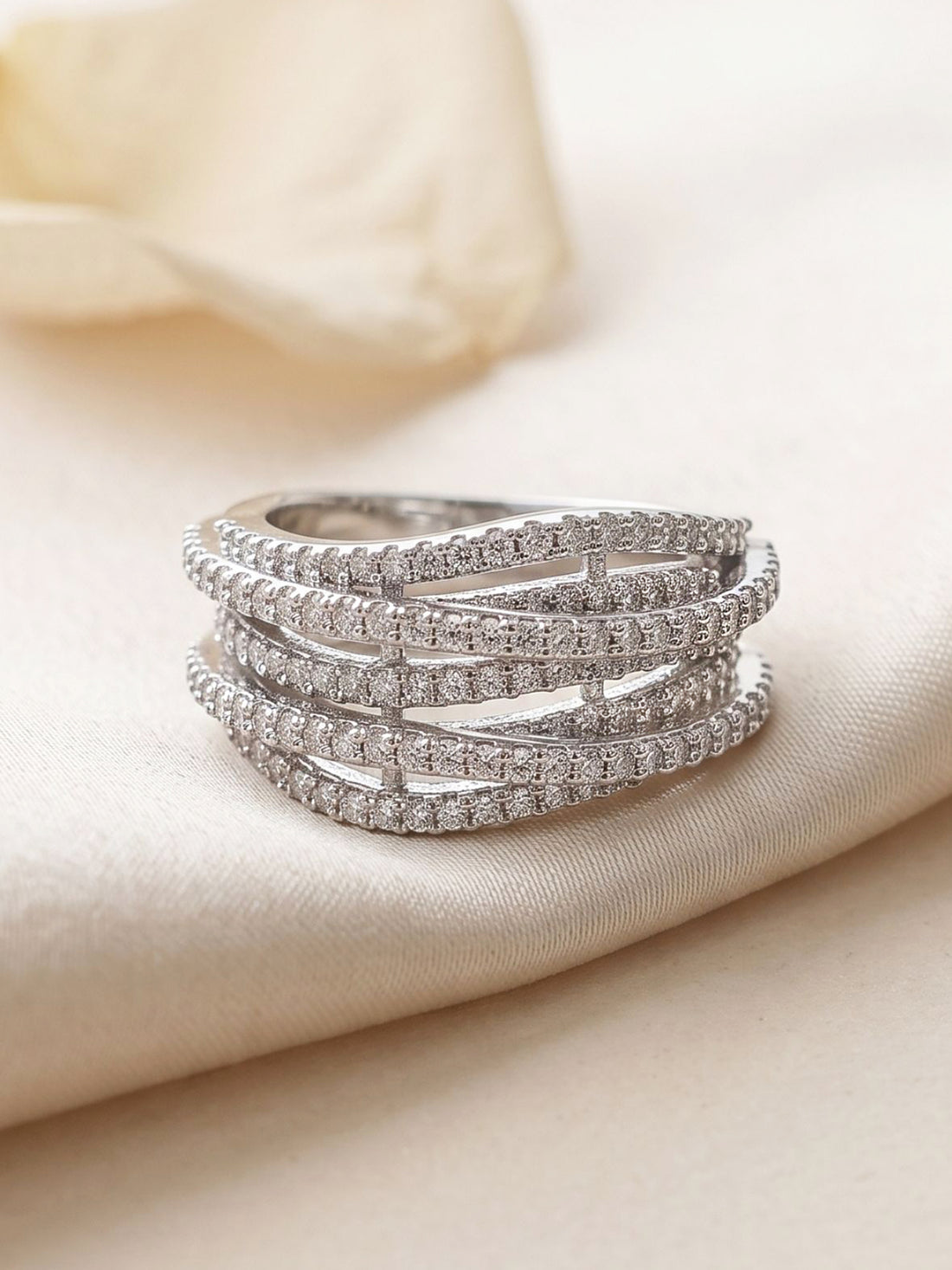 KARATCART Classic Silver-Toned American Diamond Multi-Row Statement Ring for Women