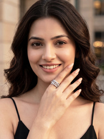 KARATCART Classic Silver-Toned American Diamond Multi-Row Statement Ring for Women
