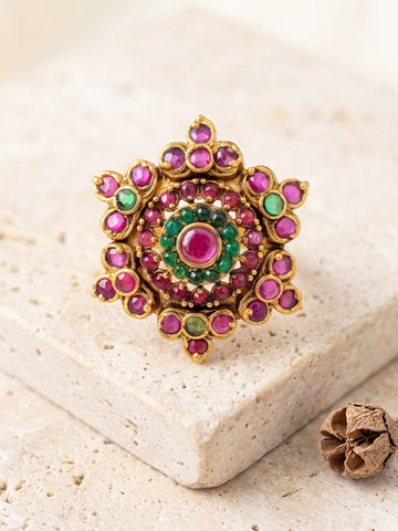 KARATCART Trendy Pink Green Stone Floral Diamond Shape Gold Plated Cocktail Ring for Women