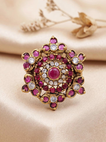 KARATCART Trendy Pink Stone Floral Diamond Shape Gold Plated Cocktail Ring for Women
