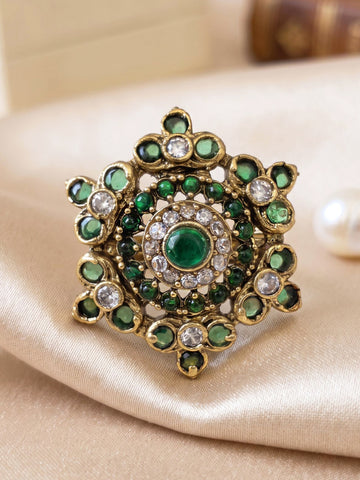 KARATCART Trendy Green Stone Floral Diamond Shape Gold Plated Cocktail Ring for Women