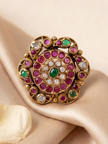 KARATCART Designer Pink & Green Stone Floral Gold-Plated Cocktail Ring for Women