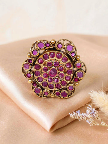 KARATCART Designer Pink Stone Floral Gold Plated Cocktail Ring for Women