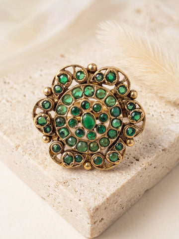KARATCART Designer Green Stone Floral Gold Plated Cocktail Ring for Women