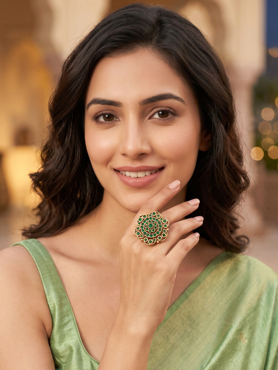KARATCART Designer Green Stone Floral Gold Plated Cocktail Ring for Women
